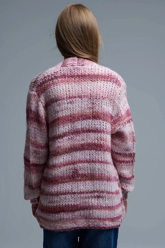 Oversized mottled striped long cardigan with pockets in Pink - PINK / ONE - Cardigans