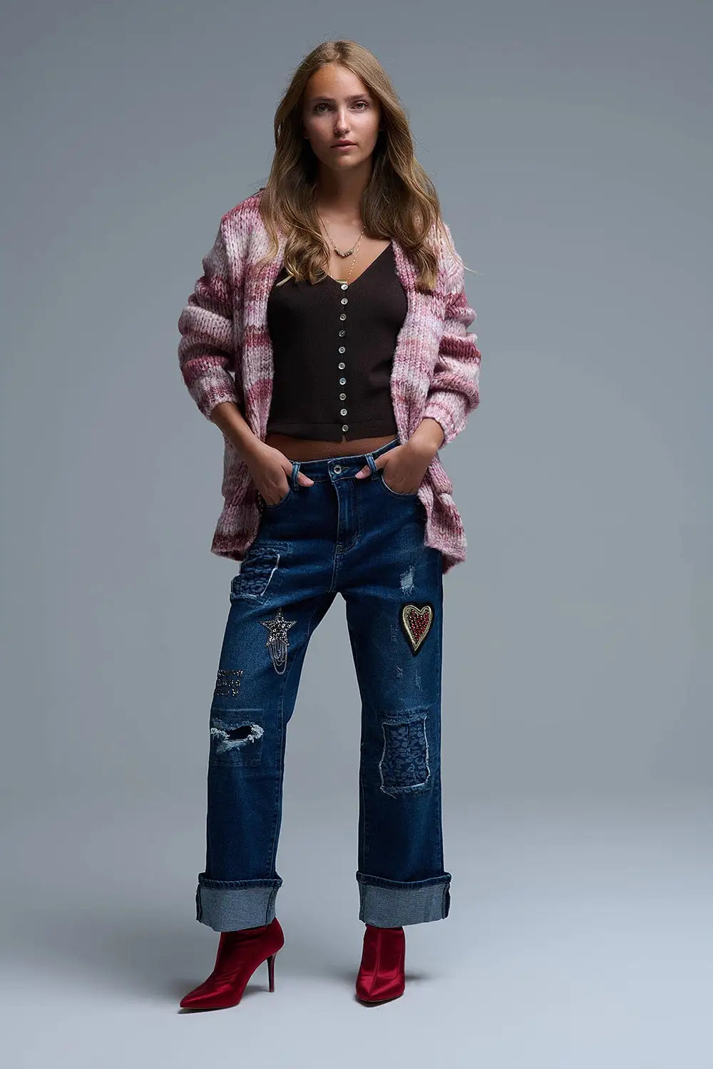 Oversized mottled striped long cardigan with pockets in Pink - PINK / ONE - Cardigans