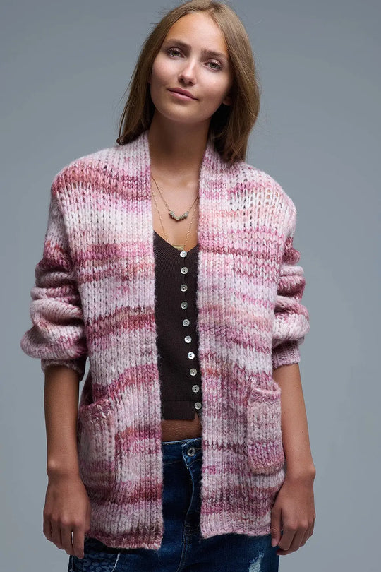 Oversized mottled striped long cardigan with pockets in Pink - PINK / ONE - Cardigans