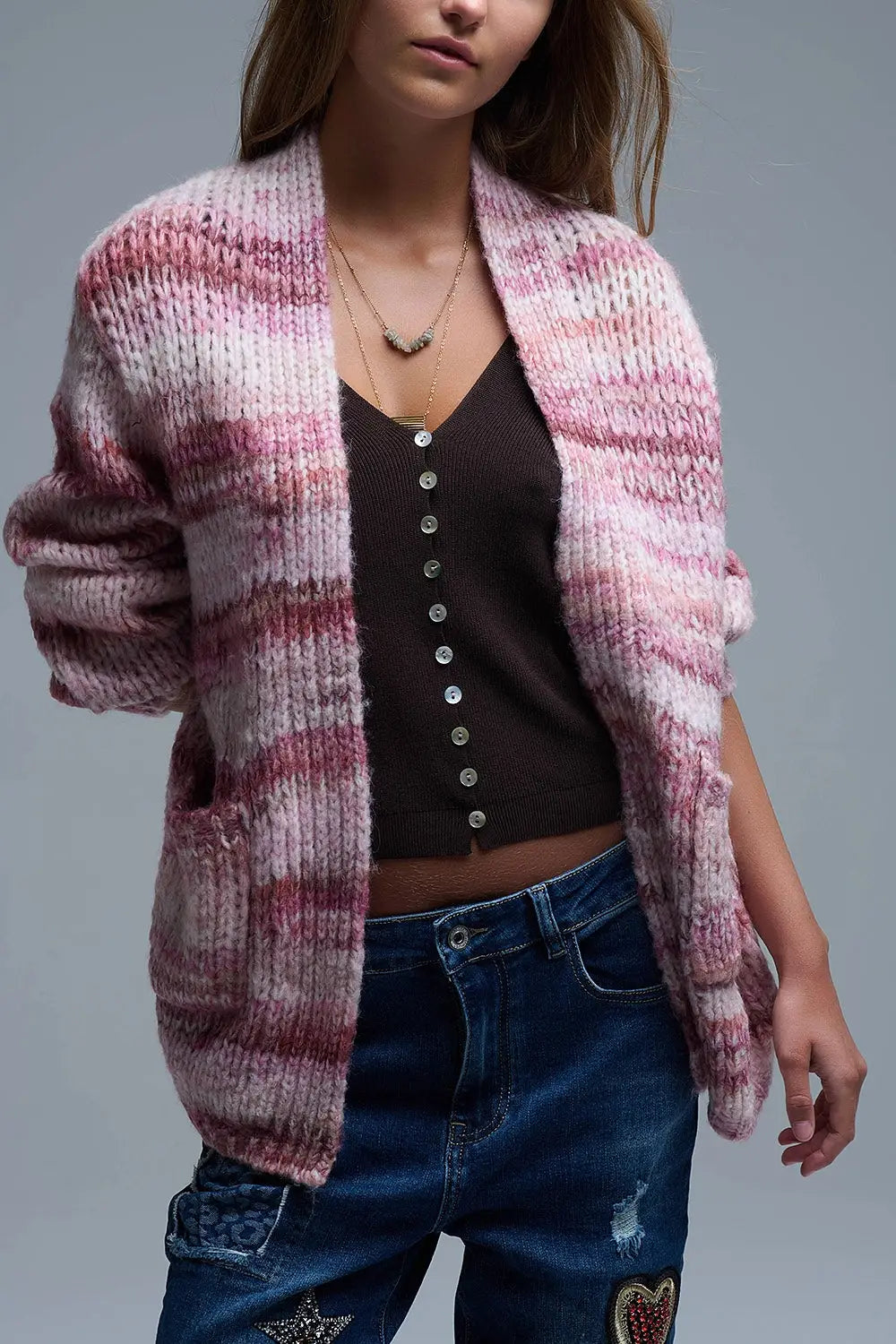 Oversized mottled striped long cardigan with pockets in Pink - PINK / ONE - Cardigans