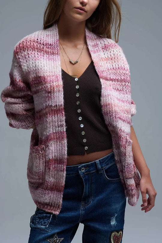 Oversized mottled striped long cardigan with pockets in Pink - PINK / ONE - Cardigans