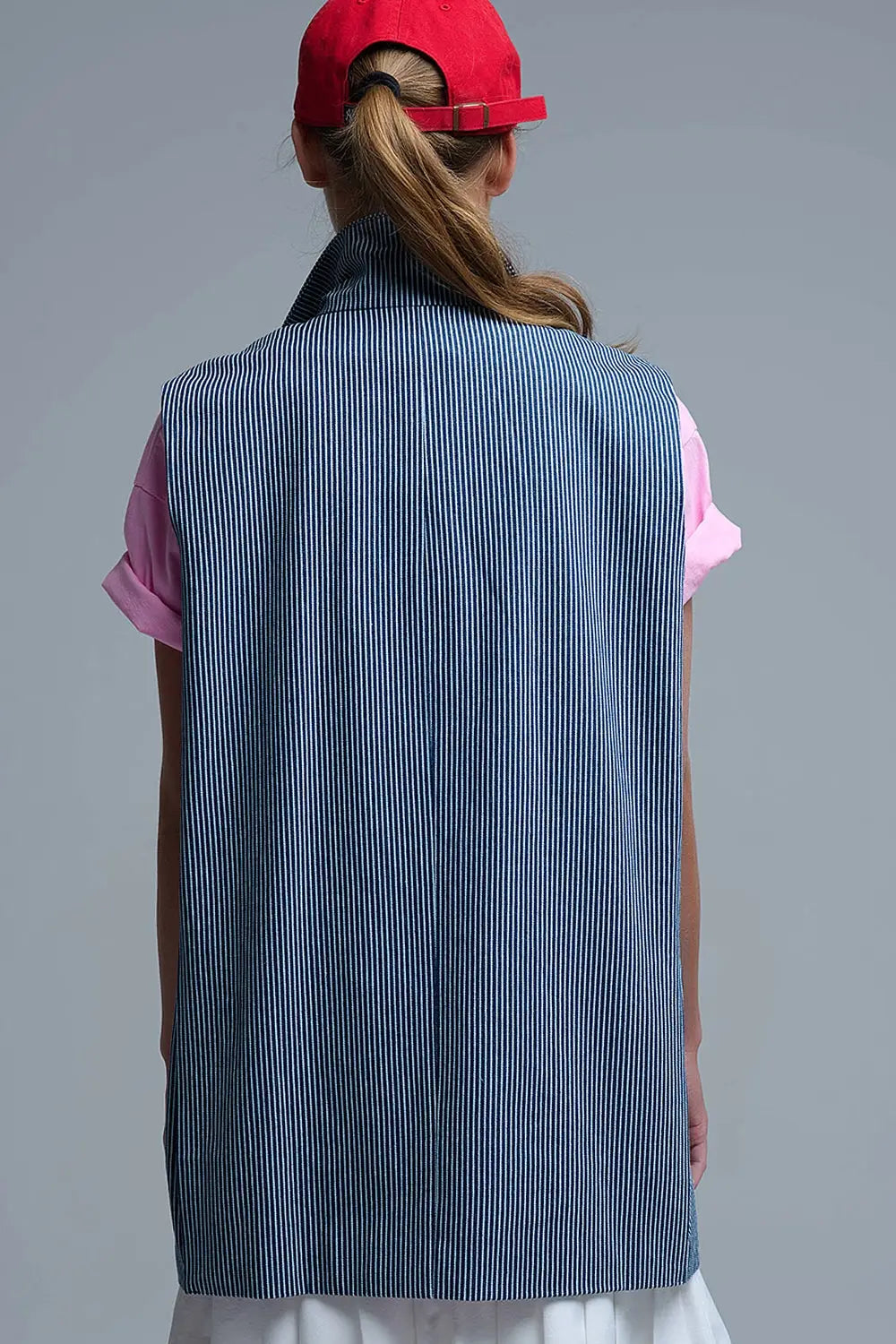 Shawl Collar Long Striped Vest in Blue and White - NAVY / ONE - Jackets