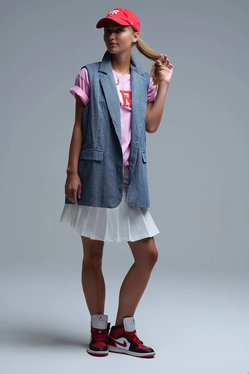 Shawl Collar Long Striped Vest in Blue and White - NAVY / ONE - Jackets