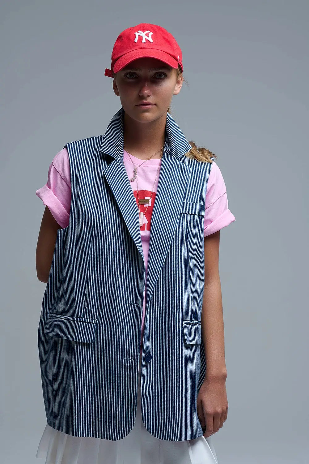 Shawl Collar Long Striped Vest in Blue and White - NAVY / ONE - Jackets