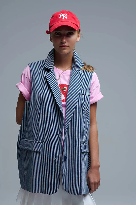 Shawl Collar Long Striped Vest in Blue and White - NAVY / ONE - Jackets