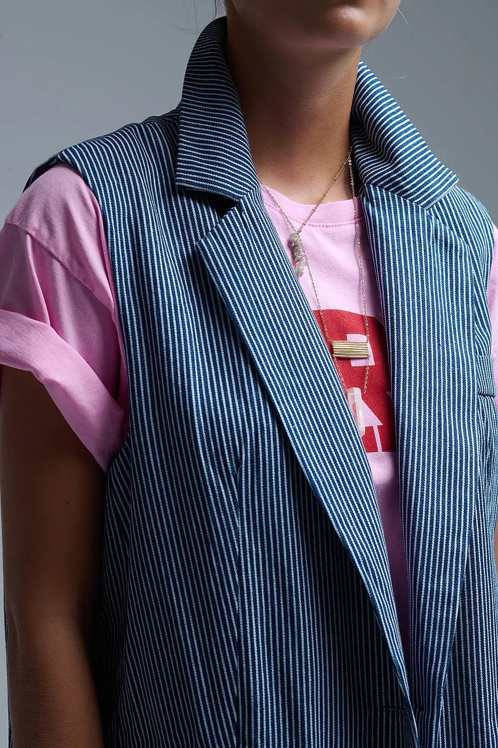 Shawl Collar Long Striped Vest in Blue and White - NAVY / ONE - Jackets