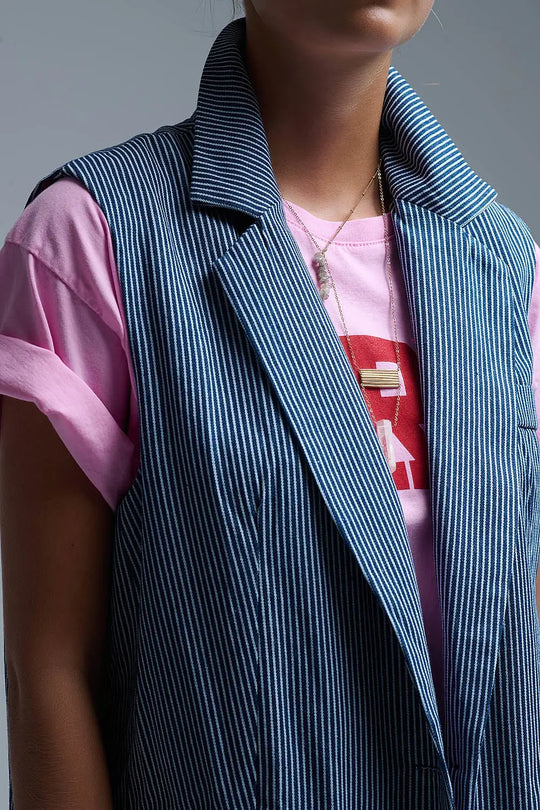 Shawl Collar Long Striped Vest in Blue and White - NAVY / ONE - Jackets