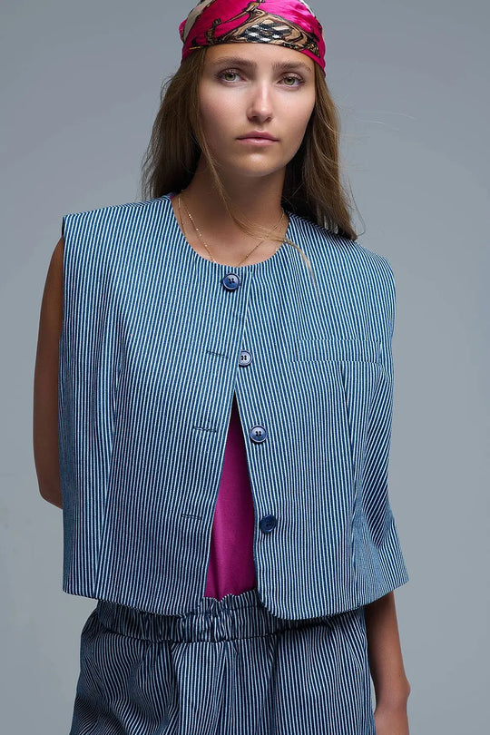 Blue and White Striped Crew Neck Vest - Jackets
