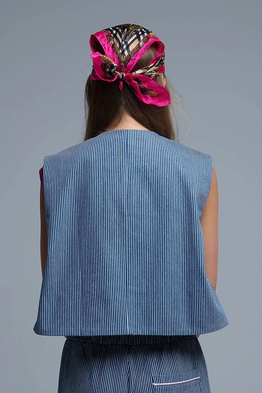 Blue and White Striped Crew Neck Vest - Jackets