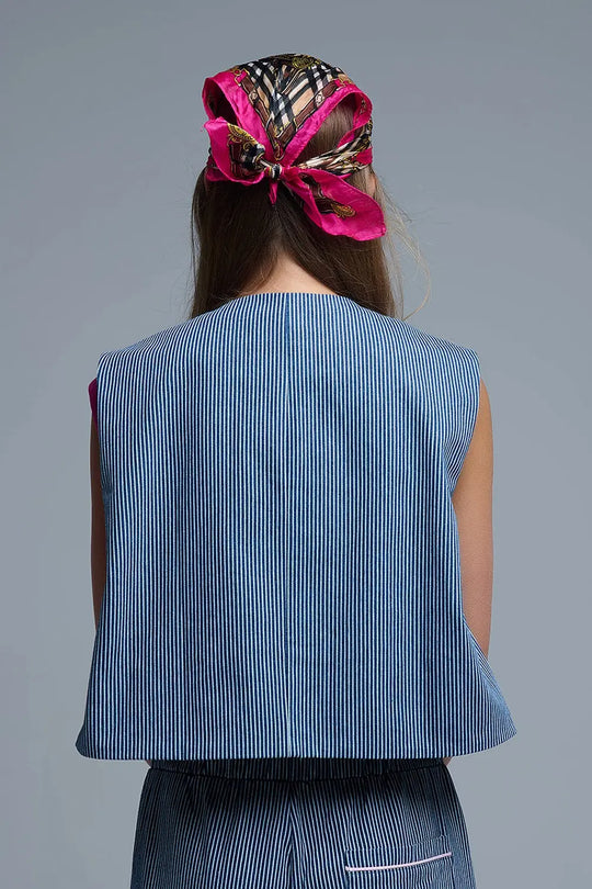 Blue and White Striped Crew Neck Vest - Jackets