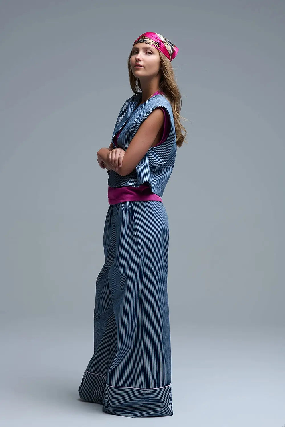 Blue and White Striped Crew Neck Vest - Jackets