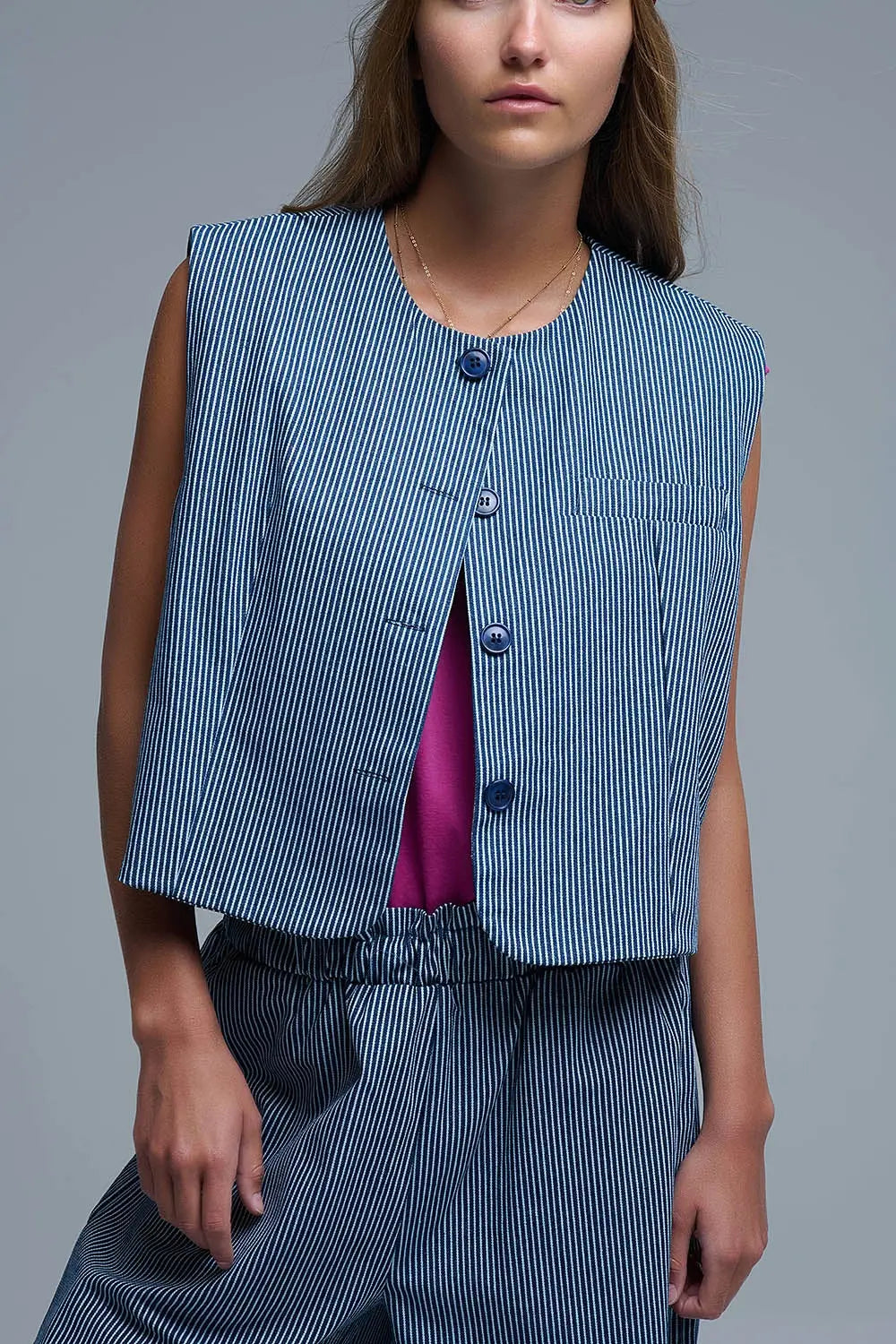 Blue and White Striped Crew Neck Vest - Jackets