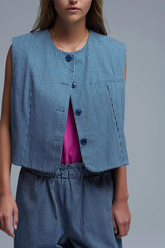 Blue and White Striped Crew Neck Vest - Jackets