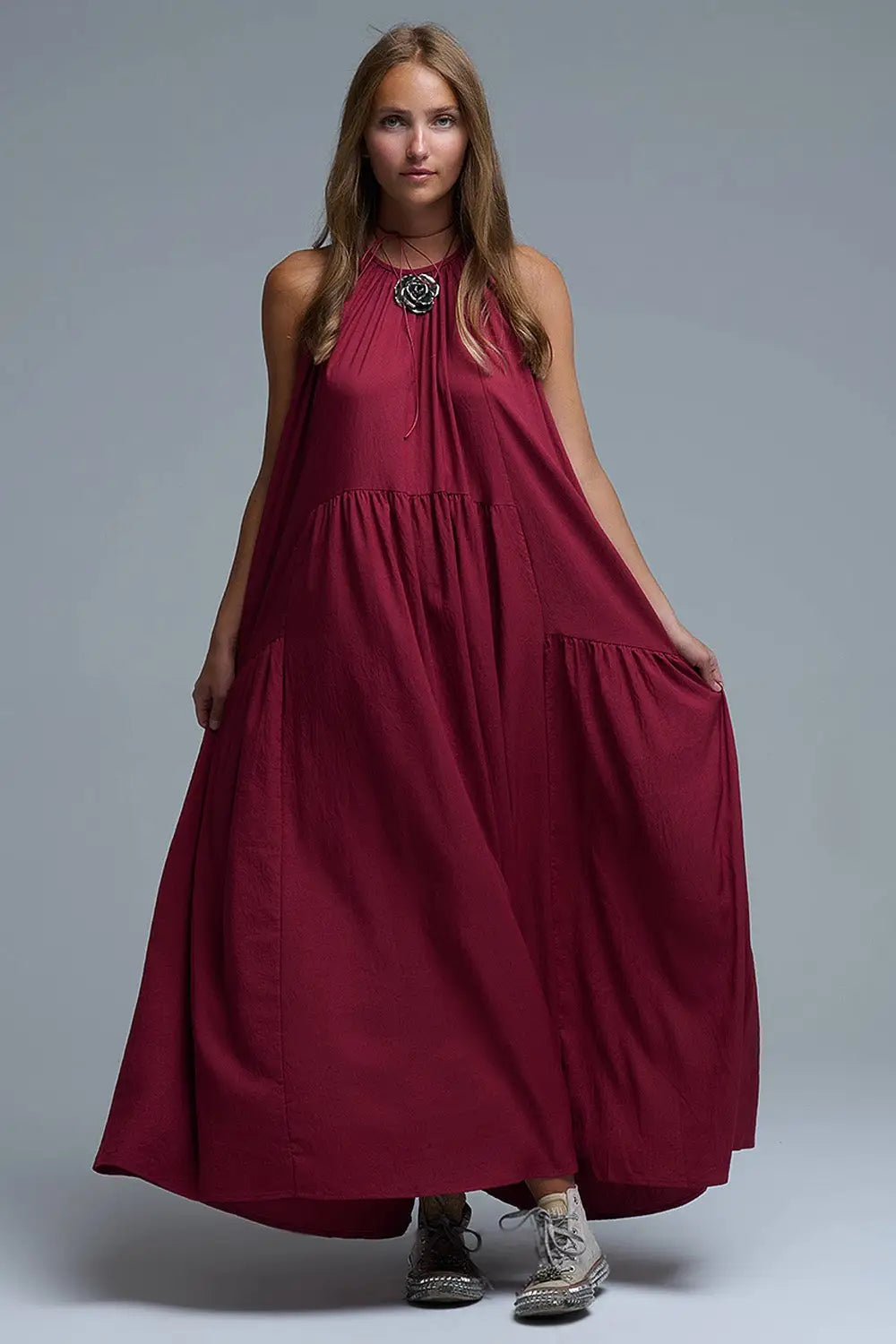 Burgundy Halter Neck Maxi Dress With Seam Detailing - Dresses