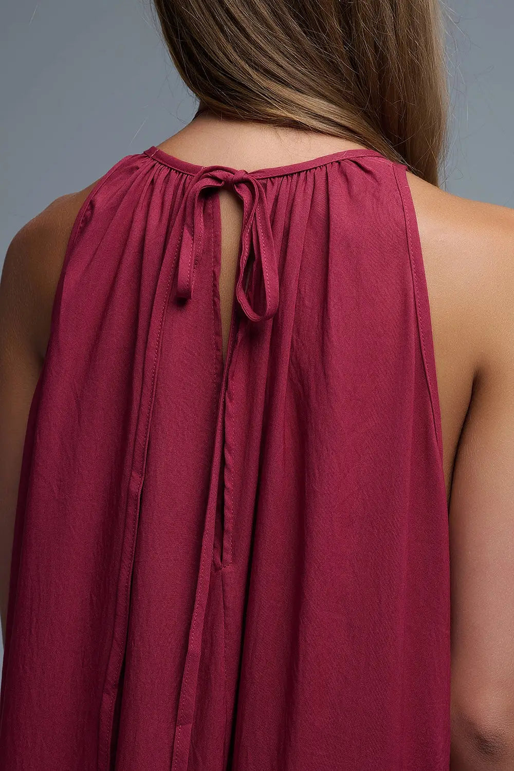 Burgundy Halter Neck Maxi Dress With Seam Detailing - Dresses