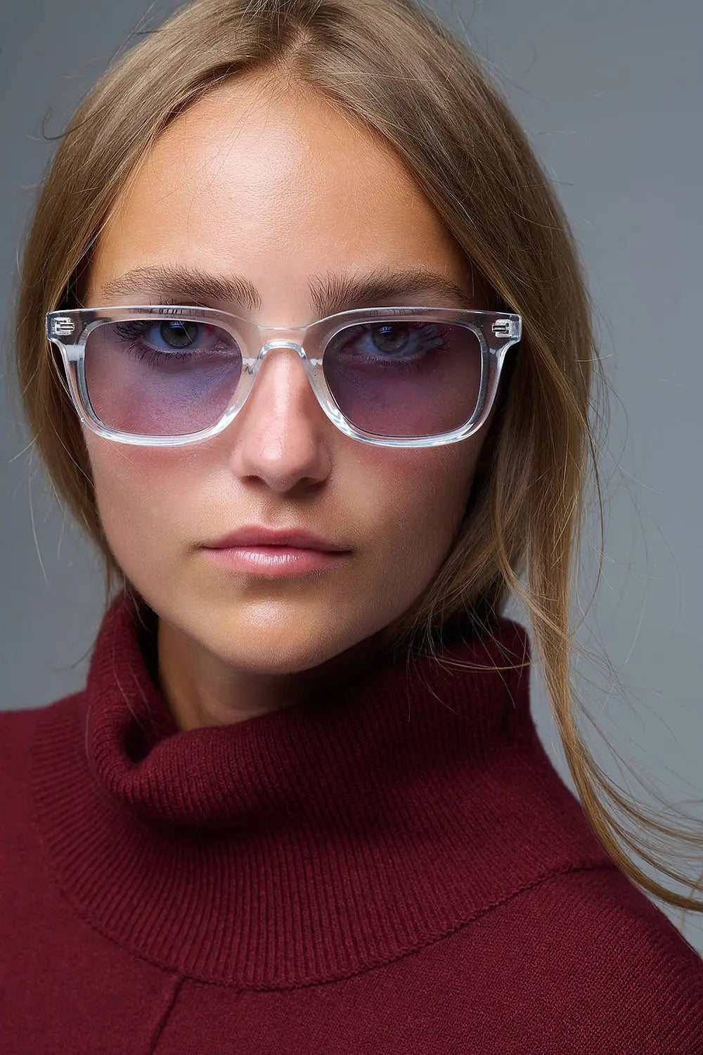 Clear Square Sunglasses with blue Gradient Lenses and metal side detail - BLUE / ONE - Sunglasses