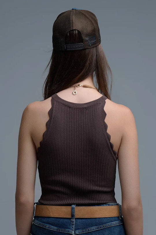 Ribbed Halter Top With Scalloped Finish in brown - BROWN / ONE - Tops