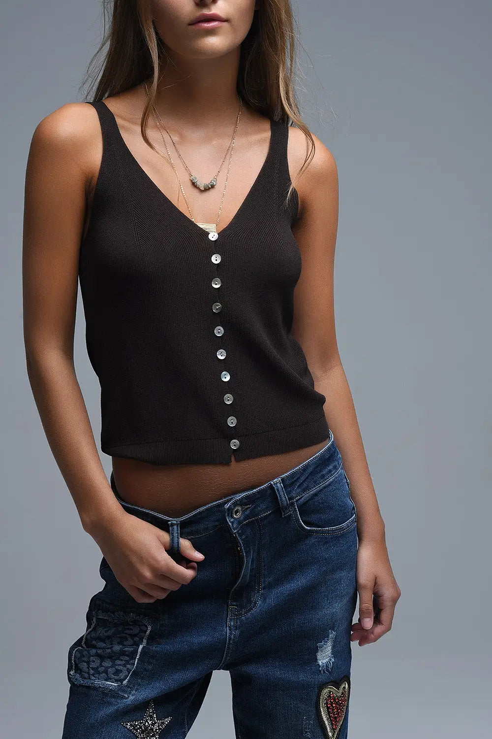 brown Knit Buttoned Crop Top - BROWN / ONE - Sweaters