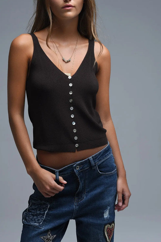 brown Knit Buttoned Crop Top - BROWN / ONE - Sweaters