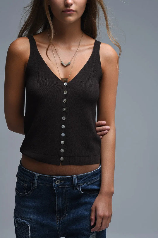 brown Knit Buttoned Crop Top - BROWN / ONE - Sweaters