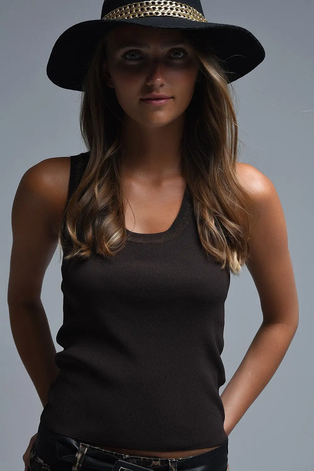 Brown Sleeveless Knit Top with Metallic Trim - BROWN / ONE - Sweaters