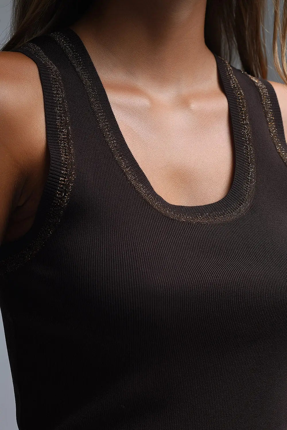 Brown Sleeveless Knit Top with Metallic Trim - BROWN / ONE - Sweaters