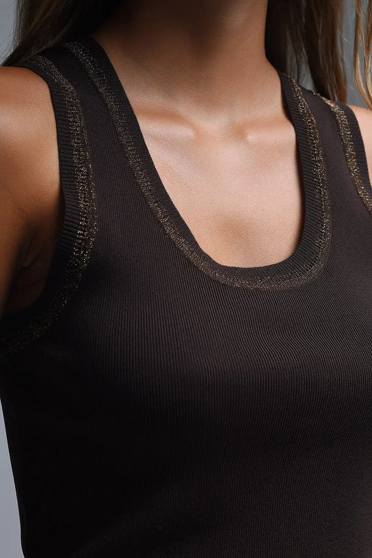 Brown Sleeveless Knit Top with Metallic Trim - BROWN / ONE - Sweaters
