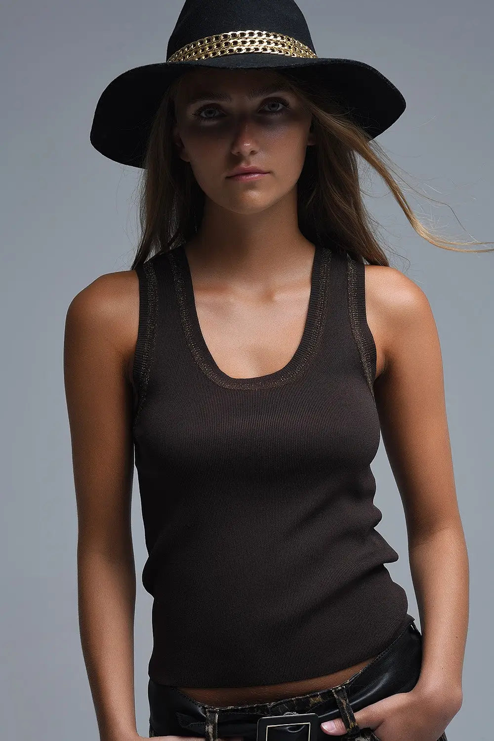 Brown Sleeveless Knit Top with Metallic Trim - BROWN / ONE - Sweaters