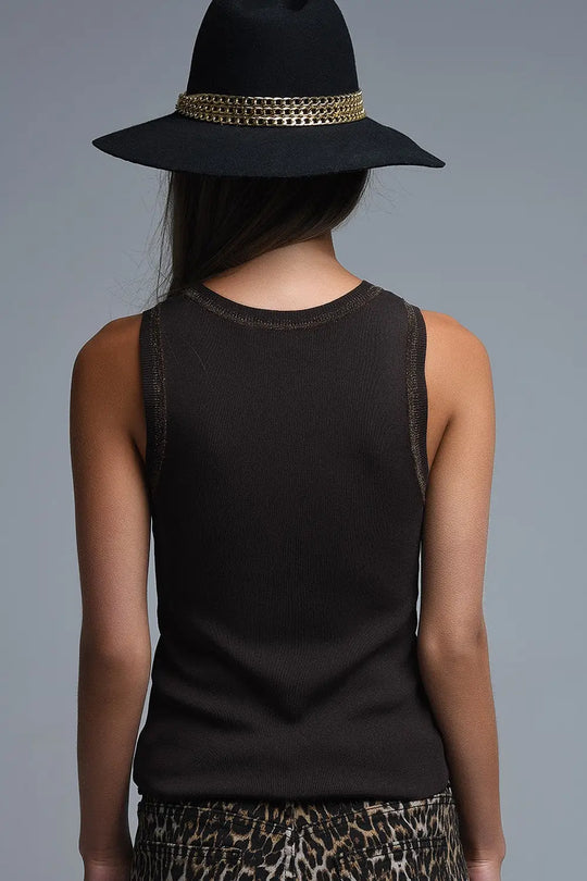 Brown Sleeveless Knit Top with Metallic Trim - BROWN / ONE - Sweaters