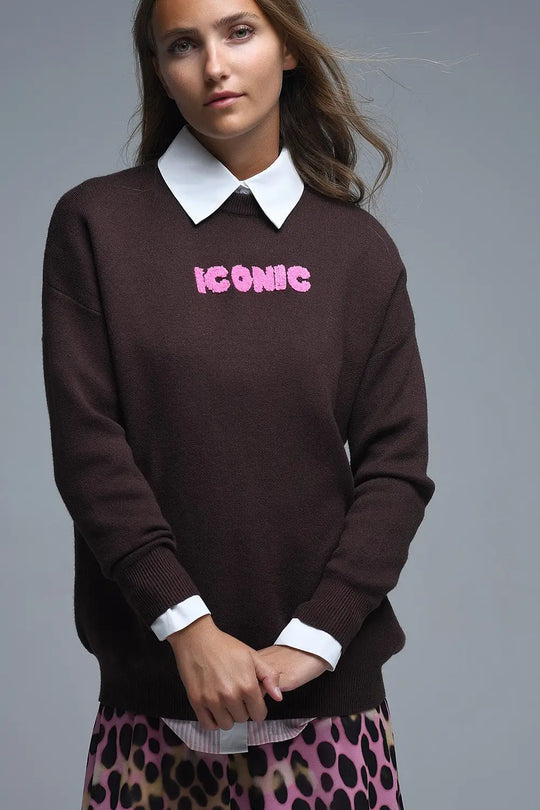 Embroidered ICONIC Sweater with Global Tour Back Print - BROWN / ONE - Sweaters