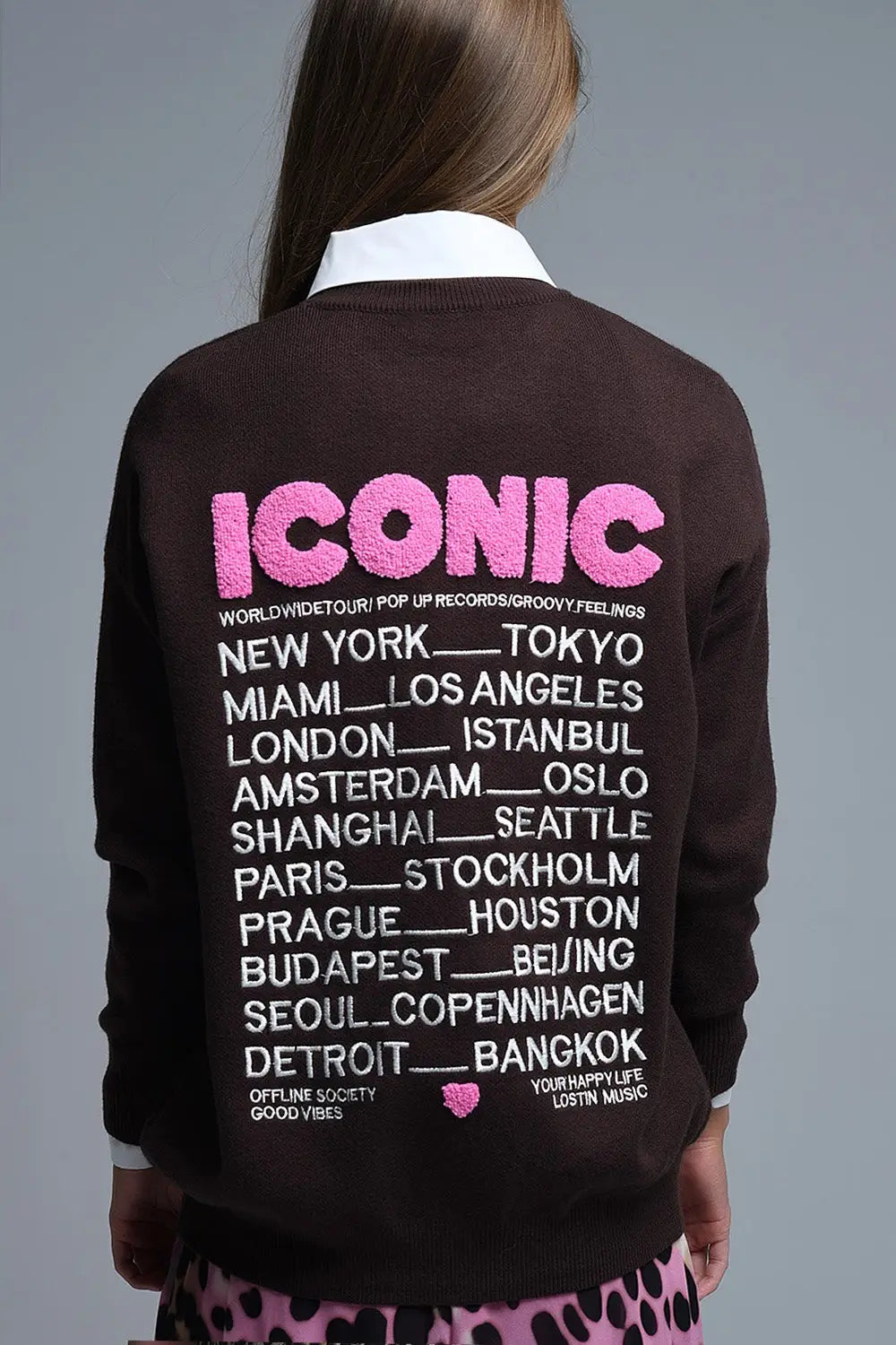 Embroidered ICONIC Sweater with Global Tour Back Print - BROWN / ONE - Sweaters
