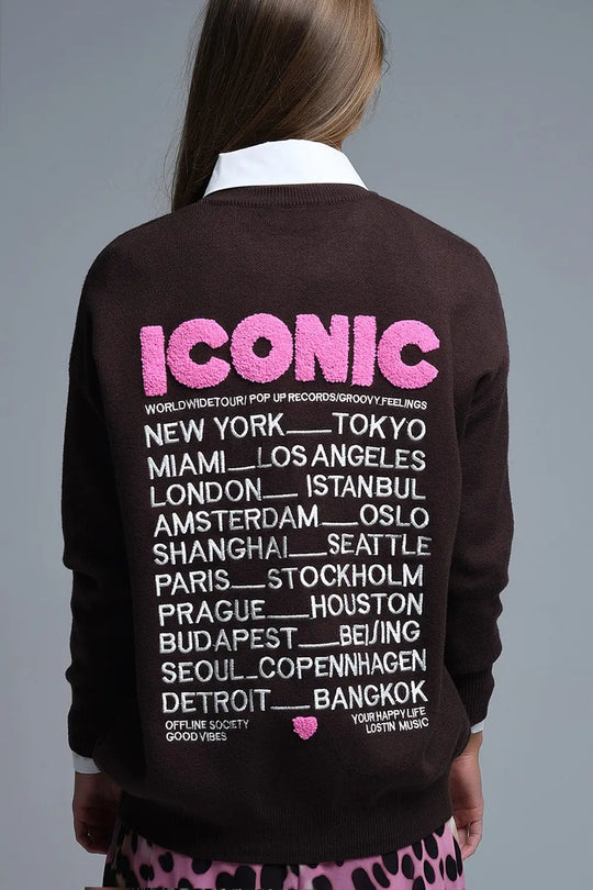 Embroidered ICONIC Sweater with Global Tour Back Print - BROWN / ONE - Sweaters