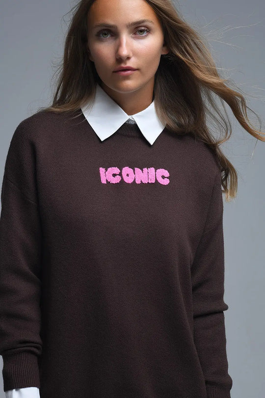 Embroidered ICONIC Sweater with Global Tour Back Print - BROWN / ONE - Sweaters