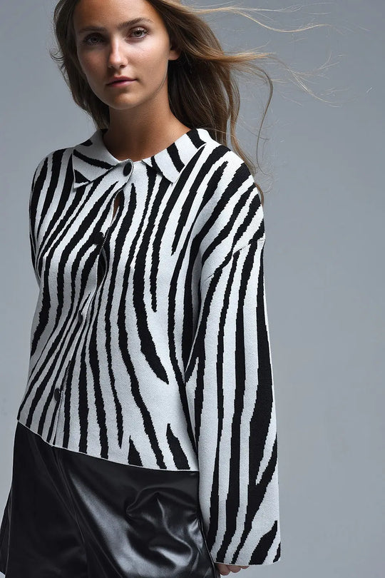Black and White Zebra Print Polo Collar Cardigan - CREAM / ONE - Cardigans