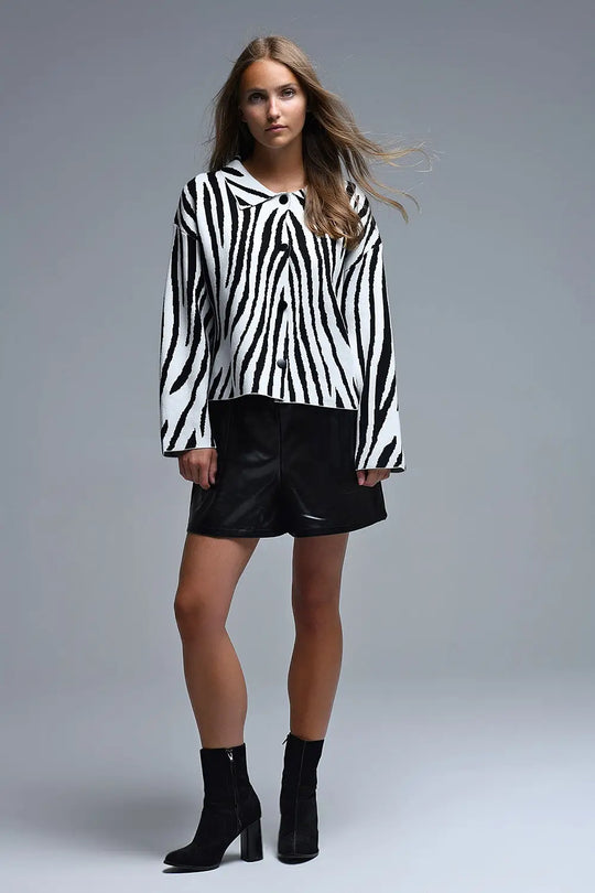 Black and White Zebra Print Polo Collar Cardigan - CREAM / ONE - Cardigans