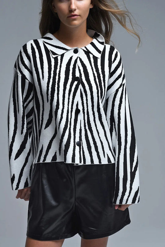 Black and White Zebra Print Polo Collar Cardigan - CREAM / ONE - Cardigans
