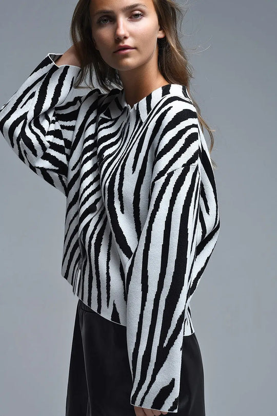 Black and White Zebra Print Polo Collar Cardigan - CREAM / ONE - Cardigans