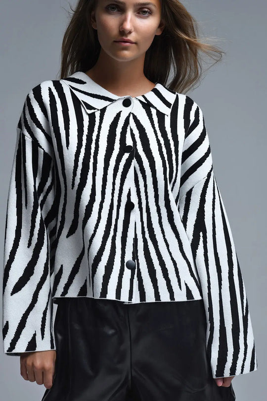 Black and White Zebra Print Polo Collar Cardigan - CREAM / ONE - Cardigans