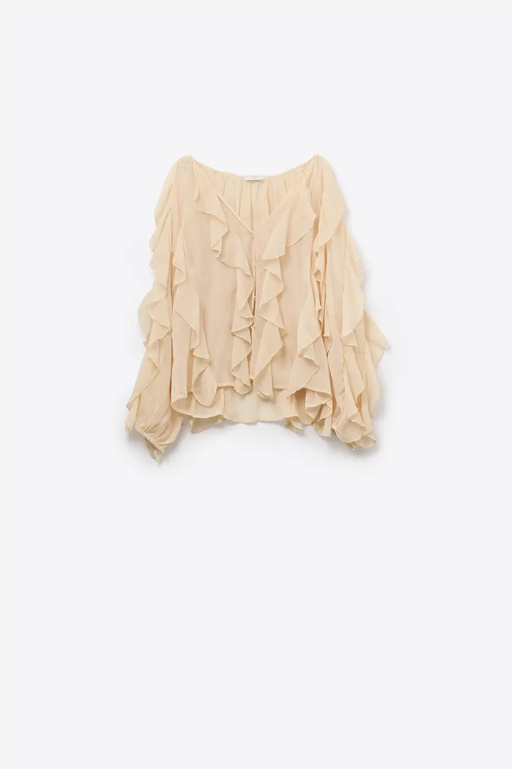 Beige V-Neck All Over Ruffle Blouse - Tops