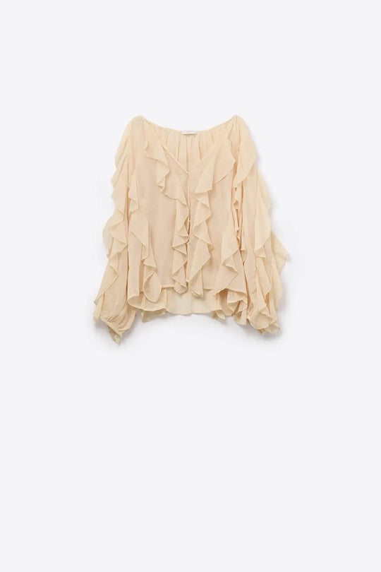 Beige V-Neck All Over Ruffle Blouse - Tops
