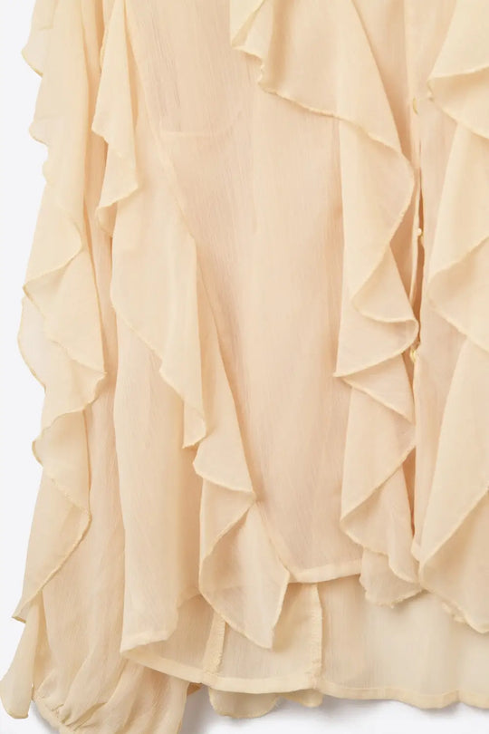 Beige V-Neck All Over Ruffle Blouse - Tops