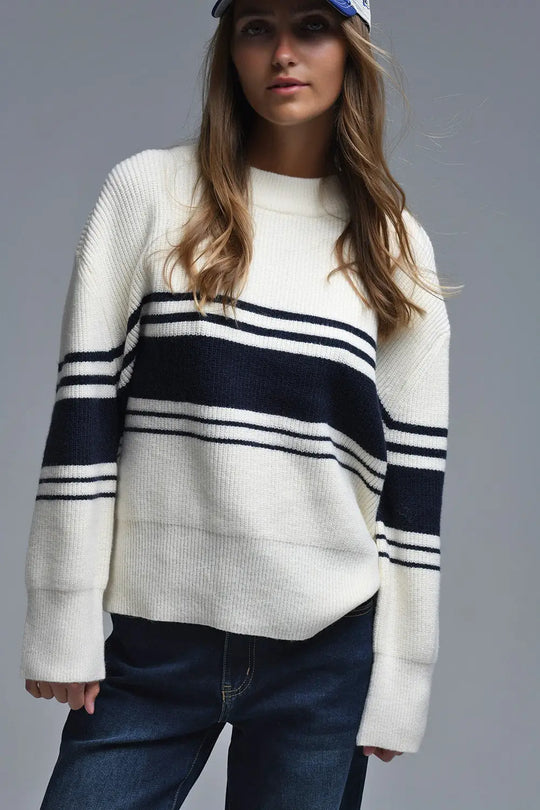 Ribbed Cream Sweater With Navy Chest Stripes - CREAM / ONE - Sweaters