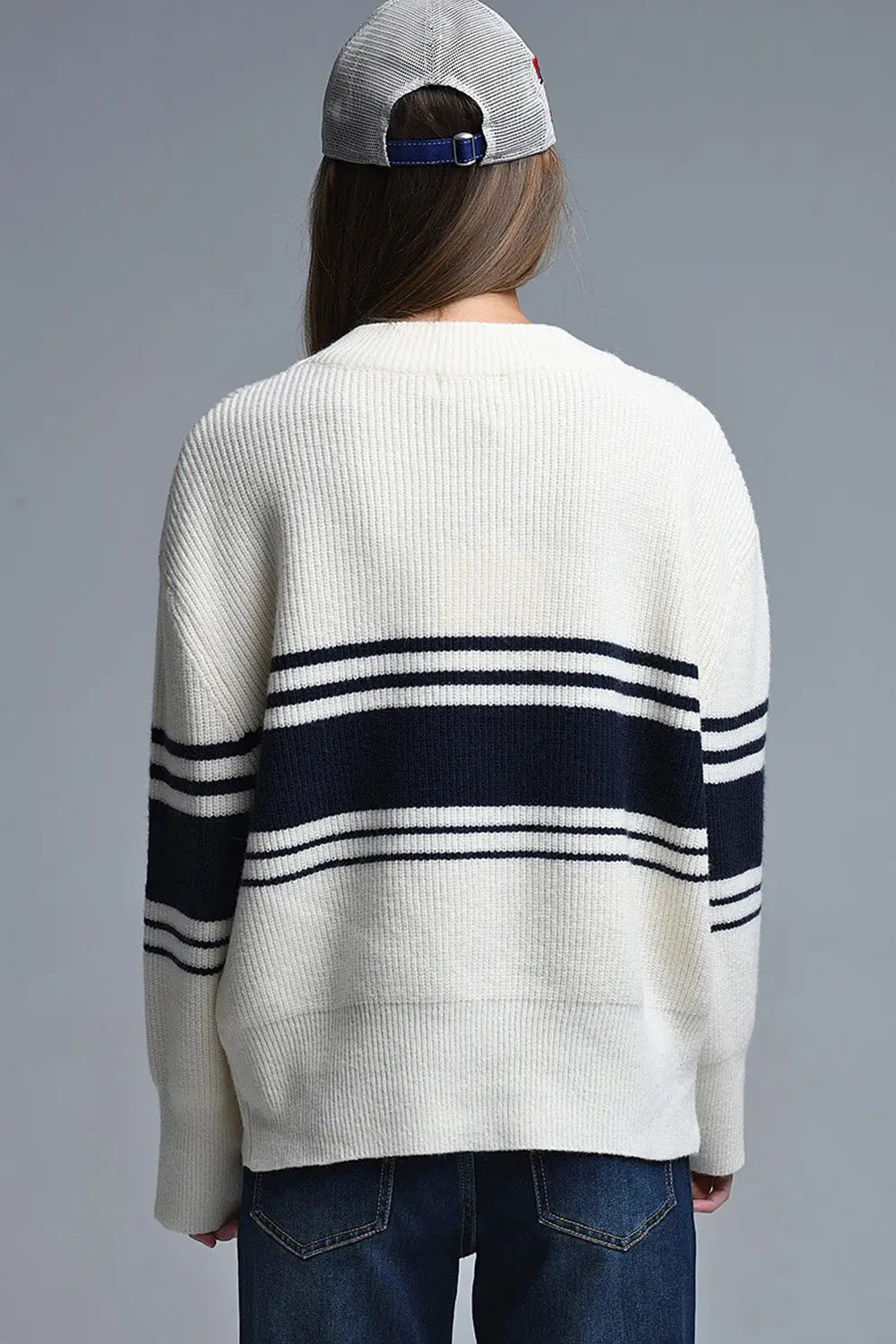 Ribbed Cream Sweater With Navy Chest Stripes - CREAM / ONE - Sweaters