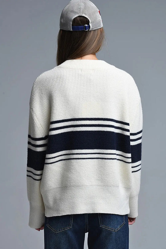 Ribbed Cream Sweater With Navy Chest Stripes - CREAM / ONE - Sweaters