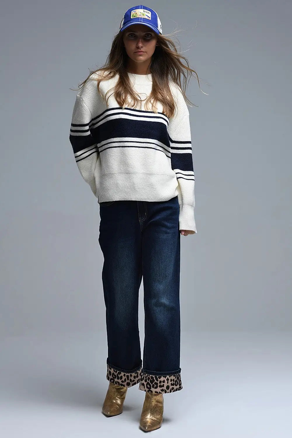 Ribbed Cream Sweater With Navy Chest Stripes - CREAM / ONE - Sweaters