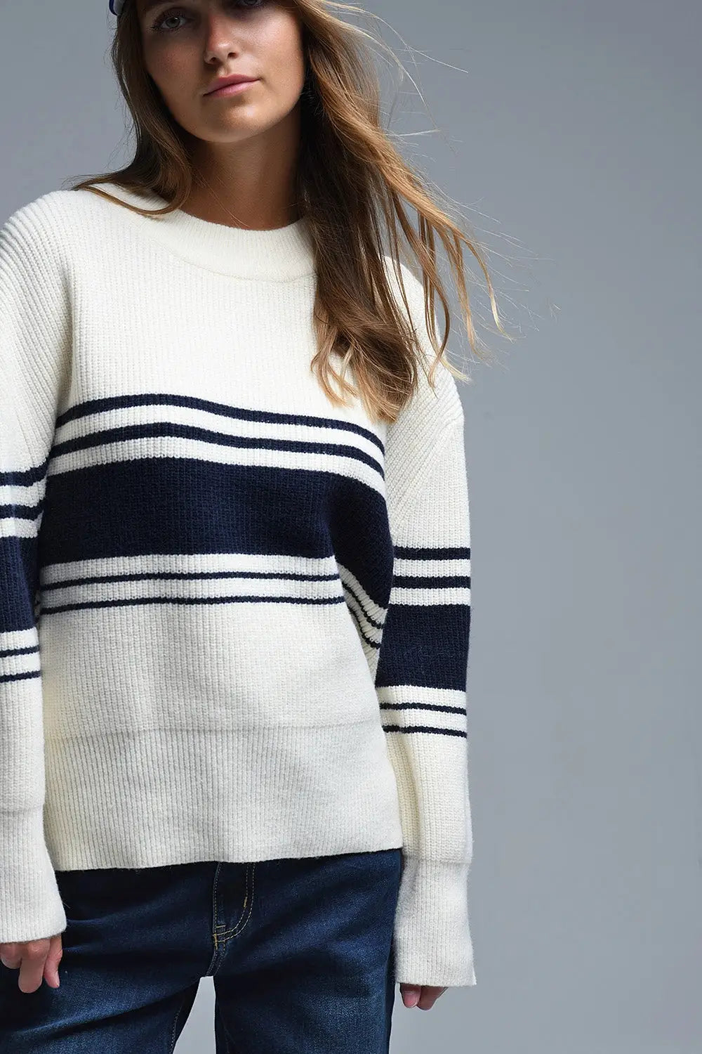 Ribbed Cream Sweater With Navy Chest Stripes - CREAM / ONE - Sweaters