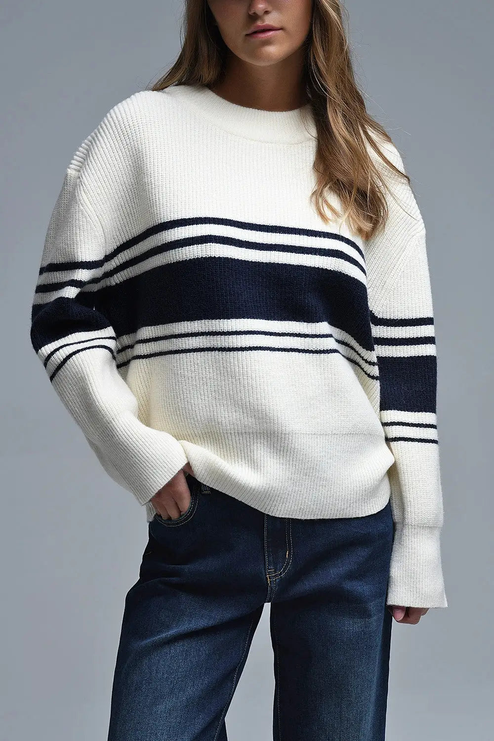 Ribbed Cream Sweater With Navy Chest Stripes - CREAM / ONE - Sweaters