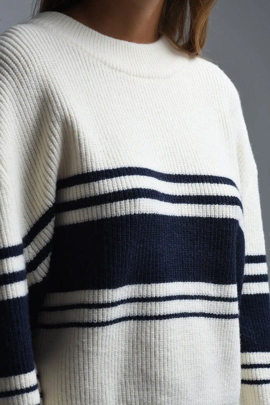 Ribbed Cream Sweater With Navy Chest Stripes - CREAM / ONE - Sweaters