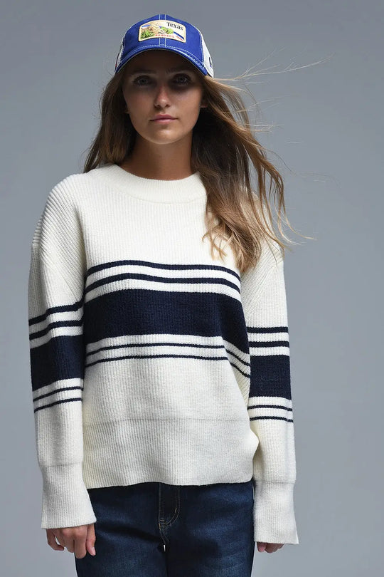 Ribbed Cream Sweater With Navy Chest Stripes - CREAM / ONE - Sweaters