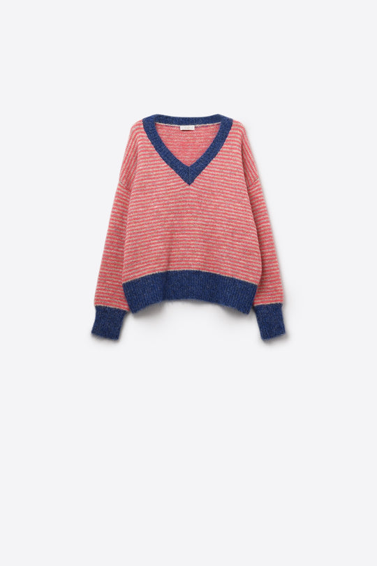 Fuchsia Striped Knit Sweater with Blue Details